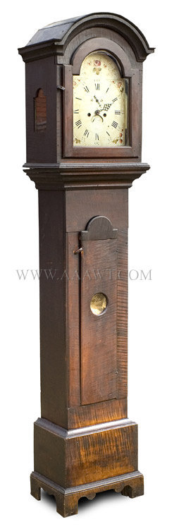 Clock, Tall Clock, Bold Curly Maple, Best Original Surface, As Found
The molding, the surface, the integrity, the originality, country at its best
A rarely encountered untouched case with 8 day movement
New England
1793, angle view